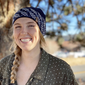 Women wearing Kind Coffee Knit Beanie (blue)